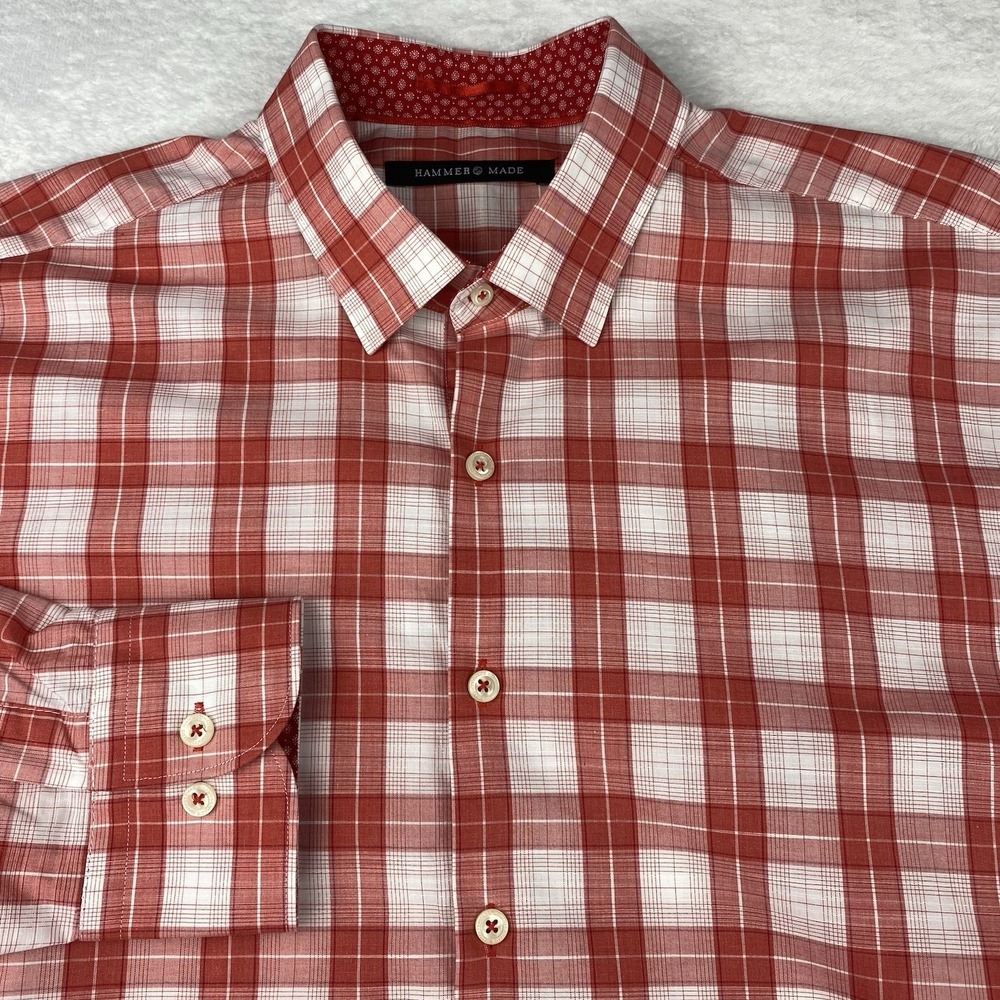 Hammer Made Shirt Mens Large (16) Red/White Plaid Regular Fit Flip Cuffs